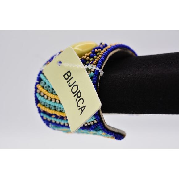 Beaded Cuff Bangle Bracelet Rhinestone Crystal Royal Blue Yellow Gold Chunky - Picture 2 of 12